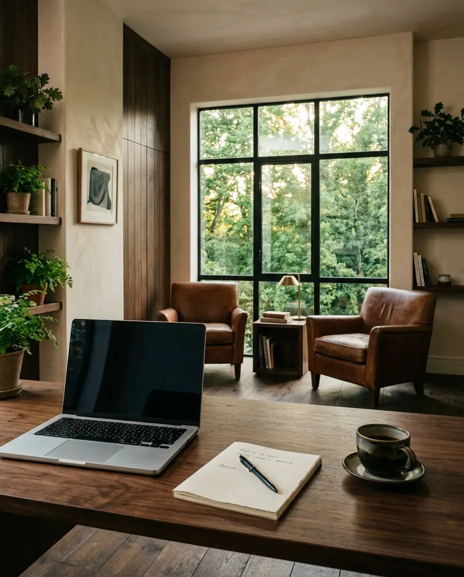 A warm, sunlit workspace with a notebook, coffee, and room for a thoughtful conversation
